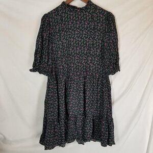 Zara Dress Womens M The Lisa Floral Short Sleeve High Neck Swing Trapeze Black